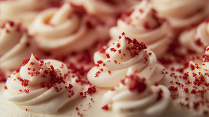A luscious red velvet cake topped with cream cheese frosting and sprinkled with red velvet crumbs.