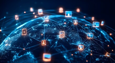 Abstract digital globe surrounded by multiple television screens. representing global network connectivity, news and media connectivity. A symbol of the impact of modern communication technology