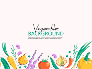Seamless colorful horizontal background of from a set of vegetables on light background, drawing, hand drawn illustration, copy space, flat style