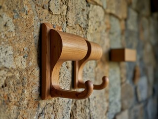 Artisan wooden hooks on a natural stone wall in soft light.