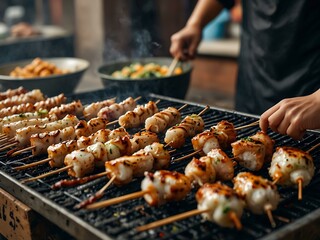 Asian street food vendor grilling squid skewers.