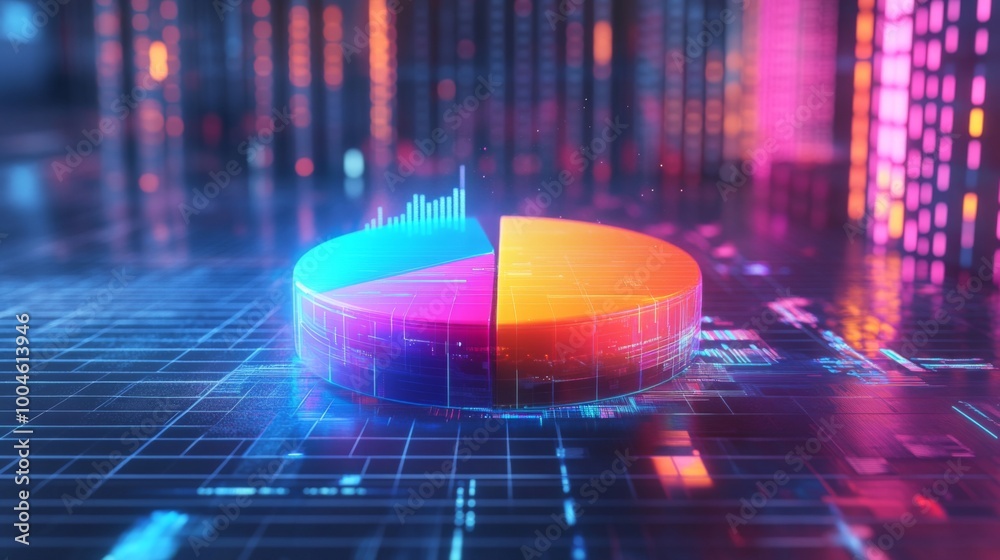 Poster a colorful 3d pie chart with vibrant, segmented slices, floating above a digital grid, representing 