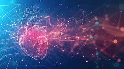 Abstract human heart on digital background with glowing connections and data points, symbolizing technology in cardiology research