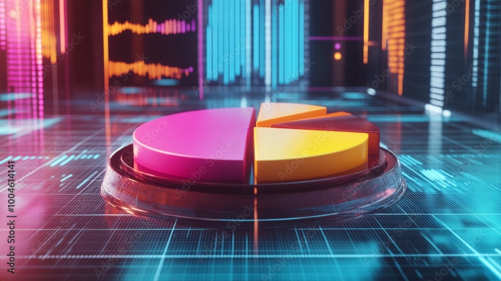 Poster A colorful 3D pie chart with vibrant, segmented slices, floating above a digital grid, representing different business metrics in a futuristic setting.
