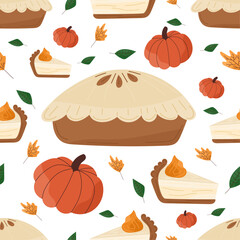 Seamless Thanksgiving pattern with apple pie, pumpkins and fall leaves on white isolated background. Cute culinary tradition in style of thanksgiving dinner. For kitchen textiles, autumn decor.