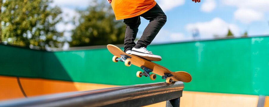 Skater grinding a rail in a skatepark, action-packed trick