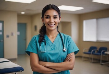 A group of dedicated nurses are standing together in a hospital hallway