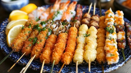 A colorful arrangement of kushikatsu on a platter, featuring a mix of seafood and vegetables, garnished with lemon wedges and fresh herbs, perfect for sharing with friends.