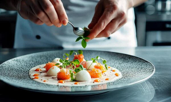 Chef Garnishing a Plate of Fine Dining Salmon and Citrus