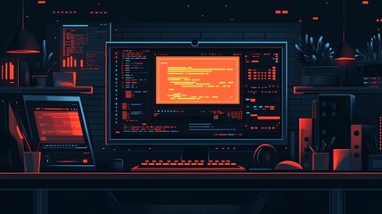 Fototapeta premium Cyber Security Concept with Firewall on Computer Screen - Flat Vector Illustration with Trendy Retro Art and Cartoon Character Design