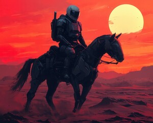 Fototapeta premium Futuristic knight with holographic armor, riding a biomechanical steed across a desert landscape under a binary star system, Sci-Fi Fantasy, Digital Art