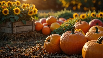 Autumn scene with pumpkins, sunflowers, and colorful fruits at sunset.