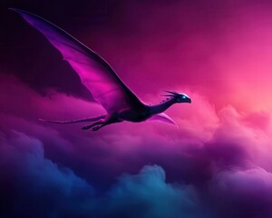 Fototapeta premium Mythical alien dragon with translucent scales and glowing eyes, soaring through a sky filled with glowing nebulae, Sci-Fi Fantasy, 3D Art