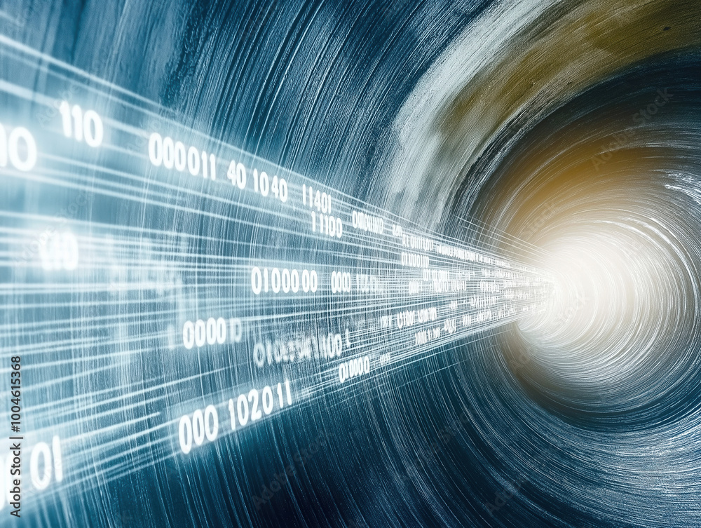 Poster digital data flow numbers moves in round tunnel