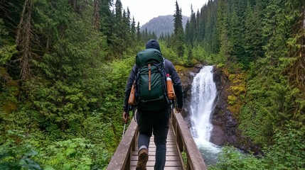 Trail hiker crossing a narrow wooden bridge, cascading waterfall nearby, exploring untouched terrain