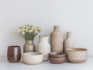 Stylish ceramic vases and bowls arranged on a neutral background with delicate flowers in a vase