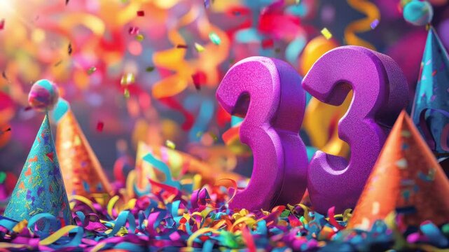 A vibrant birthday celebration filled with colorful confetti and party hats marks the 33rd year