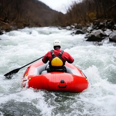 Whitewater rafter navigating treacherous rapids, paddle digging in, teamwork in action