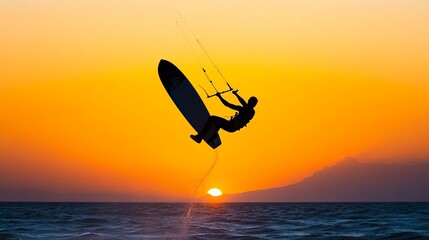 Windsurfer catching air, vibrant sunset
