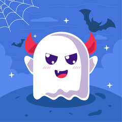 Cute angry ghost character in flat on blue background with bats, stars, clouds, coweb for halloween posters, banners, stickers, halloween design, 