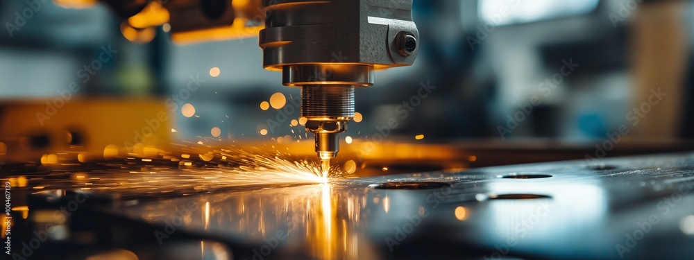 Sticker A close-up of a laser cutting machine in operation while producing sparks from a metal sheet in a fabrication workshop