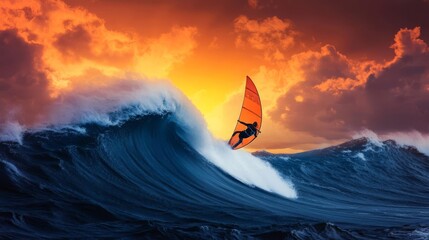 Windsurfer riding massive ocean waves against a dramatic sunset, wind whipping, power and balance