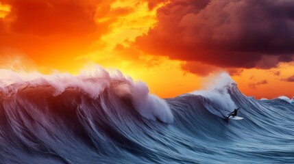 Windsurfer riding massive ocean waves against a dramatic sunset, wind whipping, power and balance