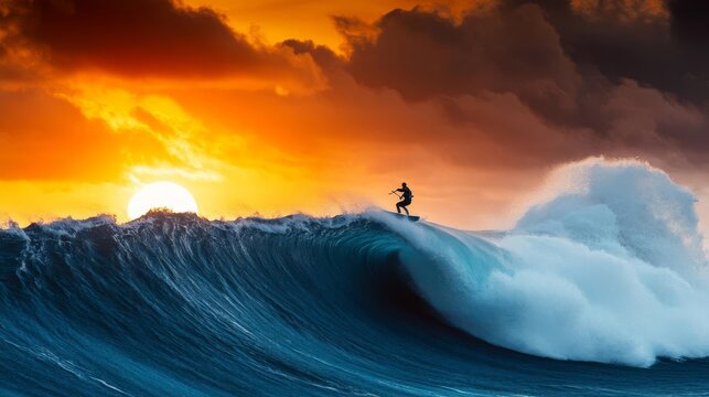 Windsurfer riding massive ocean waves against a dramatic sunset, wind whipping, power and balance