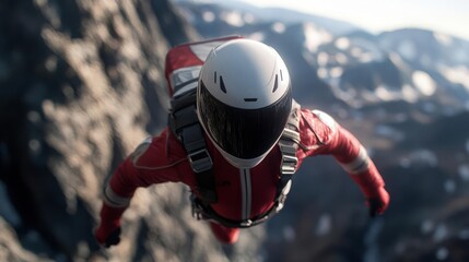 Wingsuit flyer navigating through narrow mountain passages, ultimate aerial daredevil experience