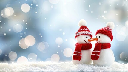 Two cute, happy snowmen wearing red scarves