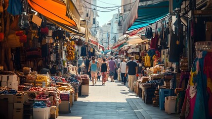 Obraz premium Lively street market filled with an array of vibrant stalls a bustling crowd of shoppers and a dynamic energetic atmosphere capturing the essence of a thriving urban marketplace