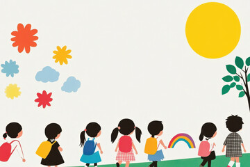 Fototapeta premium Children walking together under a bright sun with colorful backpacks and flowers