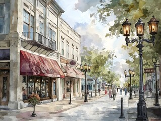 Fototapeta premium Quaint Main Street with Old Fashioned Storefronts Gas Lamps and Wrought Iron Fixtures A Peaceful Idyllic Americana Atmosphere with Muted Tones and a Watercolor Like Finish