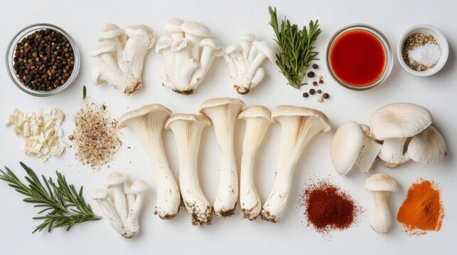 A creative flat lay of king oyster mushrooms alongside various spices and sauces, capturing the essence of culinary exploration and recipe development