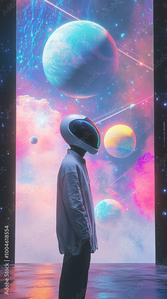 Wall mural astronaut looking at planets through futuristic window in outer space