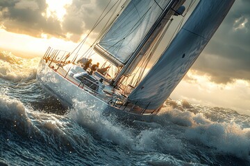 Obraz premium Sailboat navigating through turbulent waves during sunset
