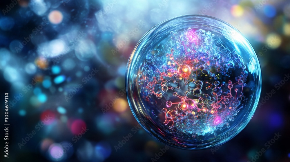 Poster A vibrant representation of molecular structures floats in a cosmic environment filled with colorful lights, suggesting a blend of science and the universe's mystery.