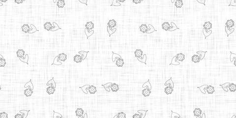 Seamless french taupe floral farmhouse linen printed fabric background. Light mottled grey cottage pattern. Shabby chic woven 2 tone cloth effect. Textile rustic organic ecru neutral all over print.