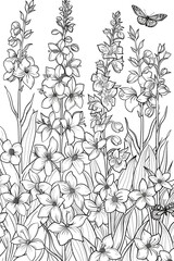 Fototapeta premium Detailed floral illustration with tall flowers, butterflies, and clouds designed for coloring