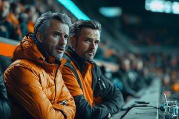 Obraz premium Spectators in orange jackets watching a live game at the stadium