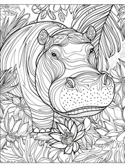 Intricate hippo illustration with floral and jungle patterns in black and white