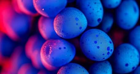 Vivid blue eggs glisten with tiny droplets, showcasing intricate patterns and colors in a striking artistic arrangement