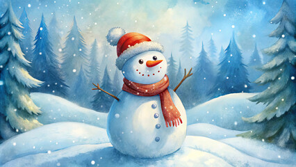 Fototapeta premium Cheerful Snowman in Snowy Forest. Watercolor