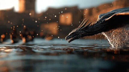 Dragon emerging from a lake near a medieval village, water cascading off its wings as villagers flee, Historical Fantasy, 3D Art