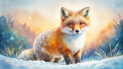 Obraz premium Fox in Snowy Winter Landscape. Watercolor