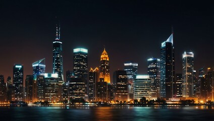 Blurred city skyline at night, glowing with lights.