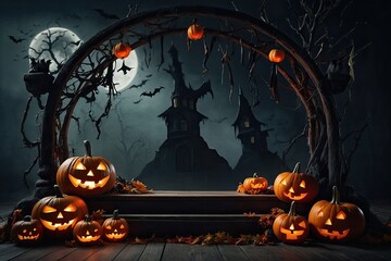 Podium for product demonstration Halloween Jack Lantern pumpkin in a scary forest with a dead tree. Frightening mood, bats, light in the windows, full moon, fog, twilight. Illustration.