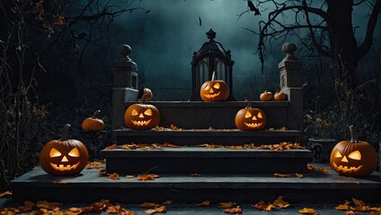 Podium for product demonstration Halloween Jack Lantern pumpkin in a scary forest with a dead tree. Frightening mood, bats, light in the windows, full moon, fog, twilight. Illustration.