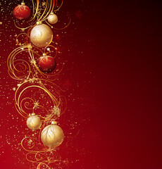 Red Christmas background with elegant gold balls.