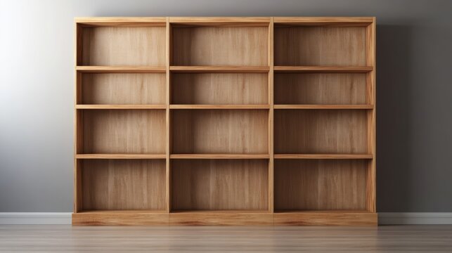 A large, empty wooden bookshelf standing against a neutral grey wall in a brightly lit room, ready for product display